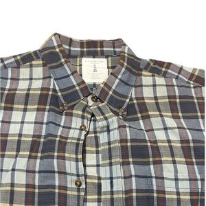 Lands' End Men's Blue and Brown Plaid Button-Down Shirt